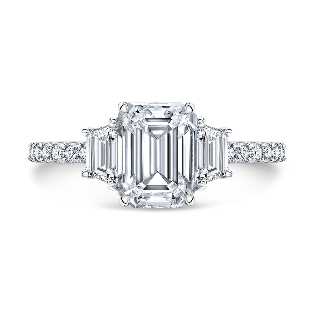 Three Stone Trapezoid Pave Diamond Engagement Ring