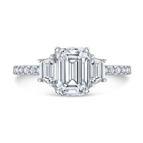 Three Stone Trapezoid Pave Diamond Engagement Ring