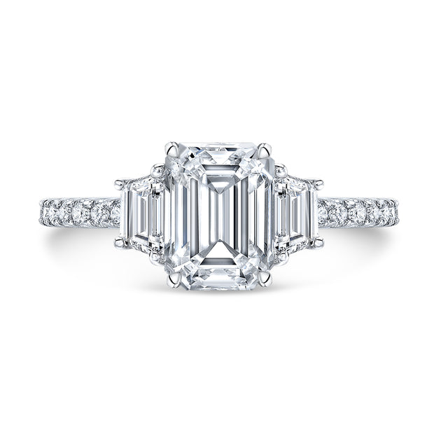 Three Stone Trapezoid Pave Diamond Engagement Ring