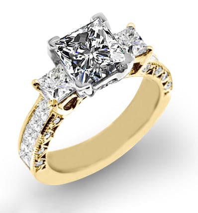 Natural 3-Stone Channel Set with Princess Cut Sidestones Diamond Engagement Ring
