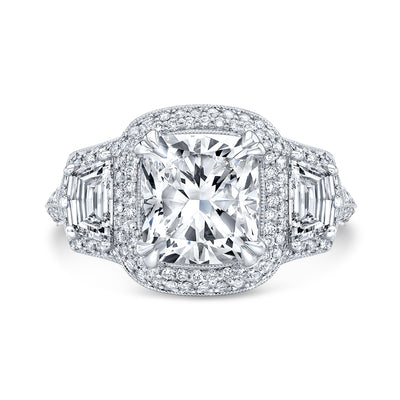 Micro Pave Halo 3 Stone Cadillac Split Shank Diamond Engagement Ring
