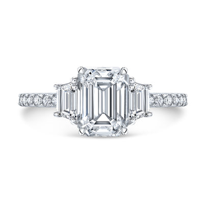 Three Stone Trapezoid Pave Diamond Engagement Ring