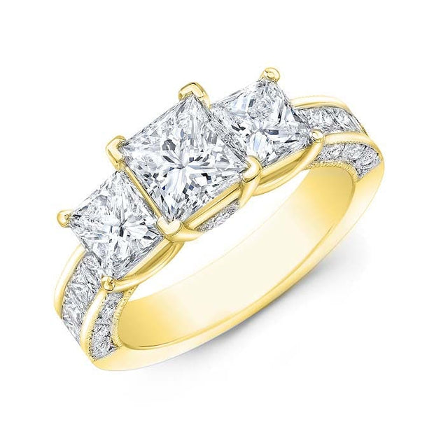 3 Stone Princess Channel Pave & Bezel Diamond Engagement Ring