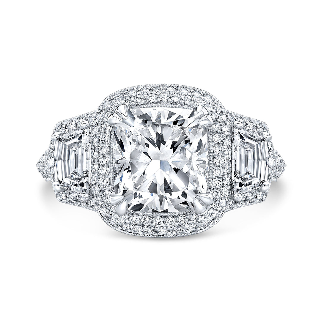 Micro Pave Halo 3 Stone Cadillac Split Shank Diamond Engagement Ring