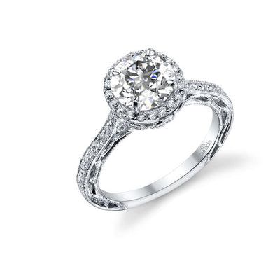 Parade Design Lyria Bridal Milgrain Etched Scroll Design Halo Pave Ring