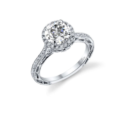 Parade Design Lyria Bridal Milgrain Etched Scroll Design Halo Pave Ring