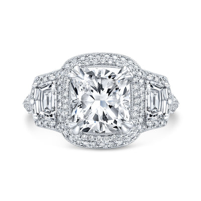Micro Pave Halo 3 Stone Cadillac Split Shank Diamond Engagement Ring