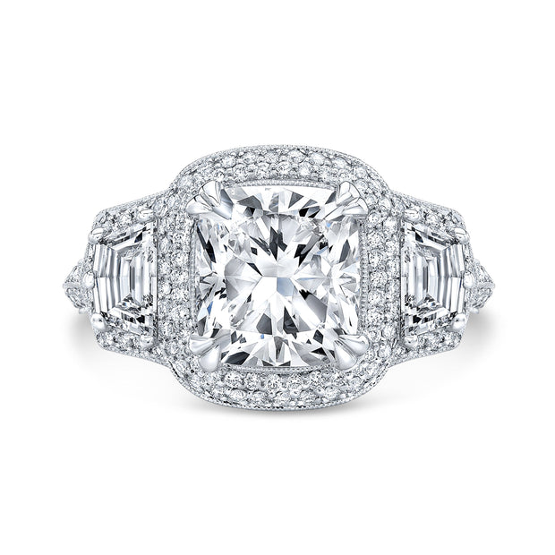 Micro Pave Halo 3 Stone Cadillac Split Shank Diamond Engagement Ring