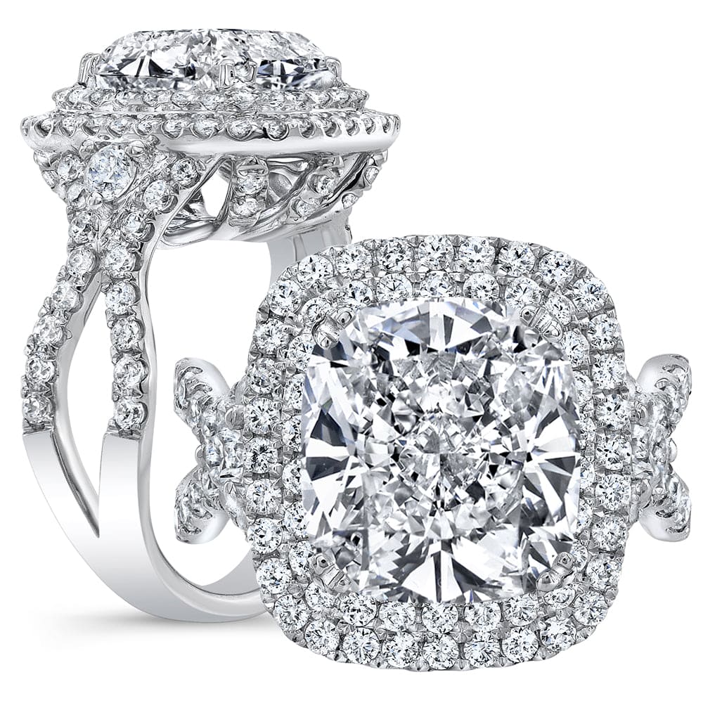 Double Halo Pave Vintage Curved Shank Diamond Engagement Ring