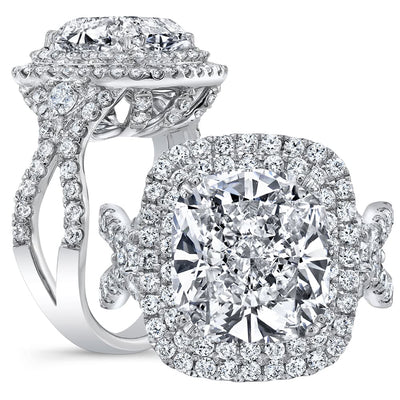 Double Halo Pave Vintage Curved Shank Diamond Engagement Ring
