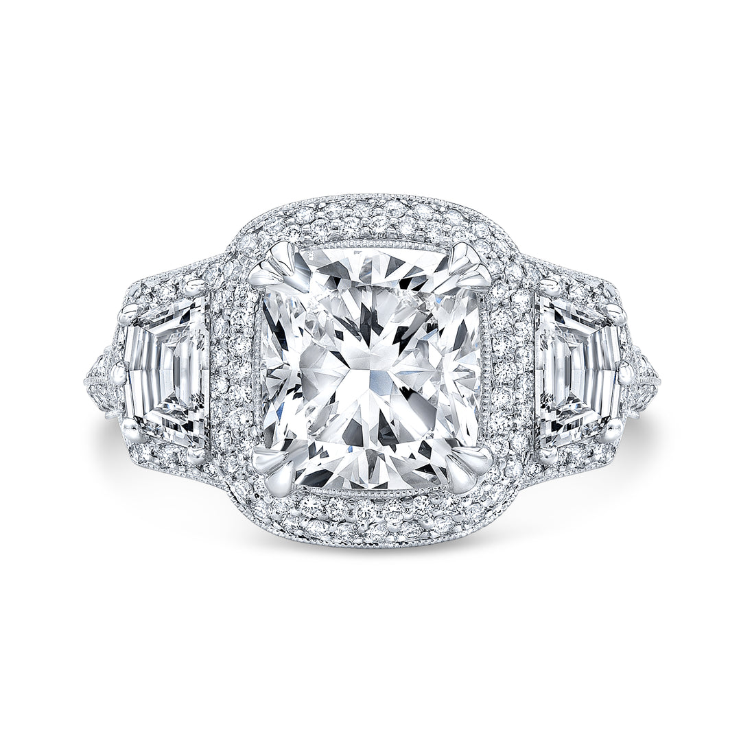 Micro Pave Halo 3 Stone Cadillac Split Shank Diamond Engagement Ring