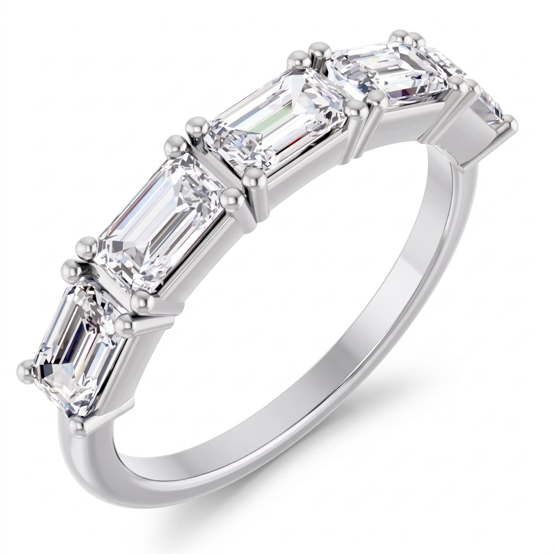 5 stone emerald cut east west diamond band , shown on a clean white background.