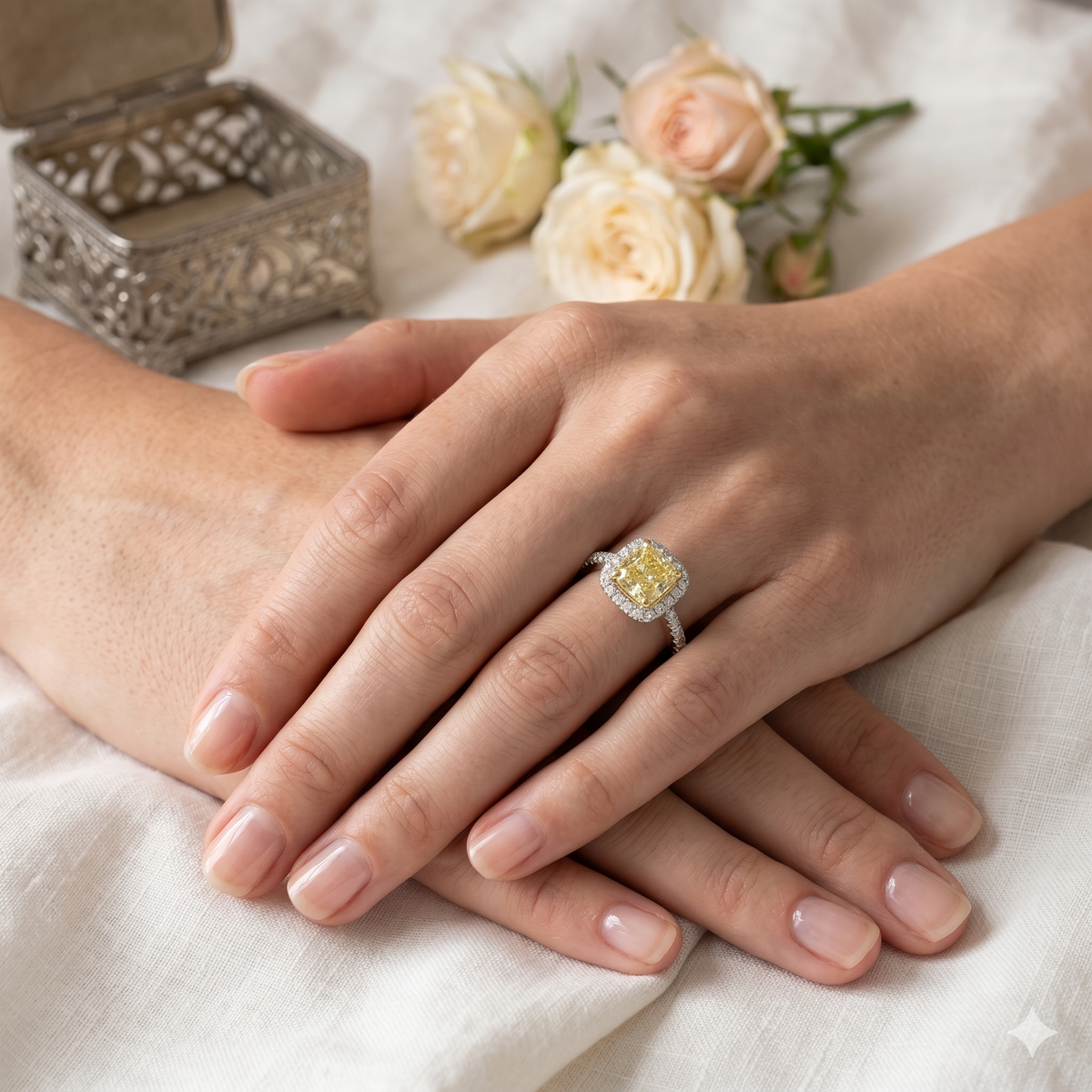 Close up of hands with a yellow diamond ring on a white fabric background