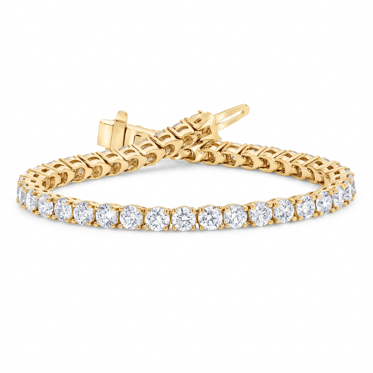 A yellow gold tennis bracelet featuring a row of round cut clear gemstones, displayed on a clean white background