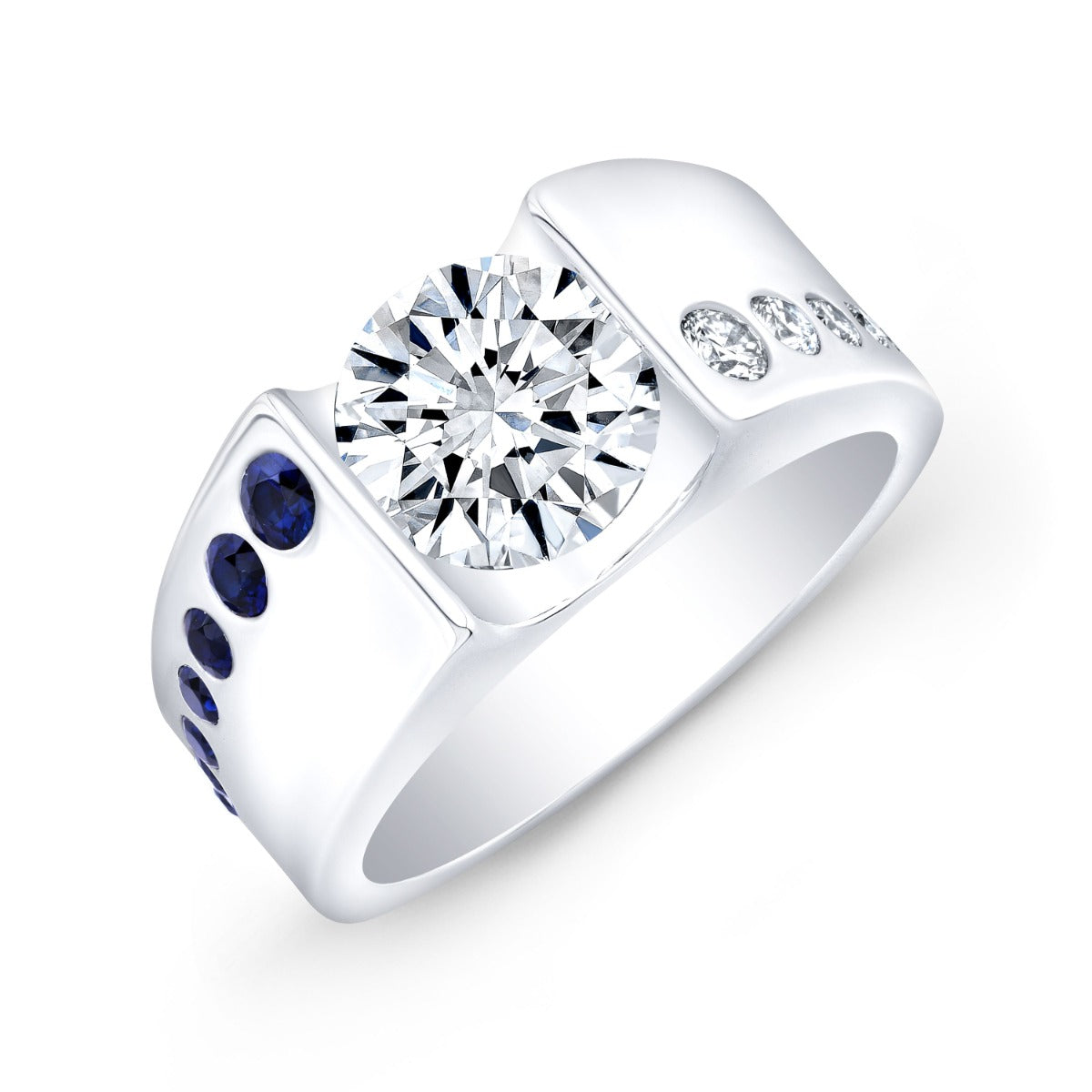 Men's tension set diamond ring with sapphires
