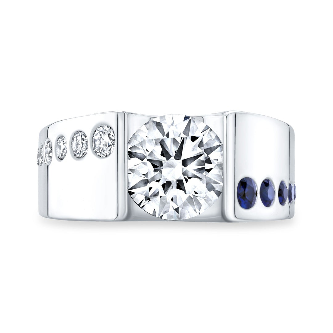 Men's Tension Set Diamond Ring & Sapphires front view