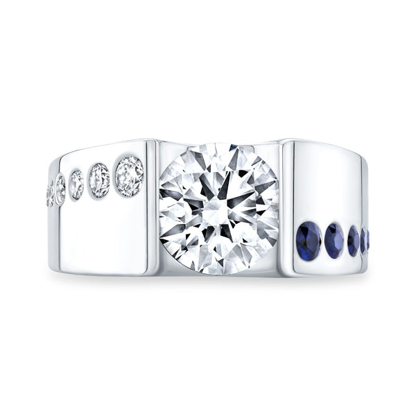 Men's Tension Set Diamond Ring & Sapphires front view