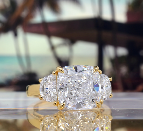 4.00 Ctw Cushion Cut & Half Moons Three-stone Ring H Color VS1 GIA Certified