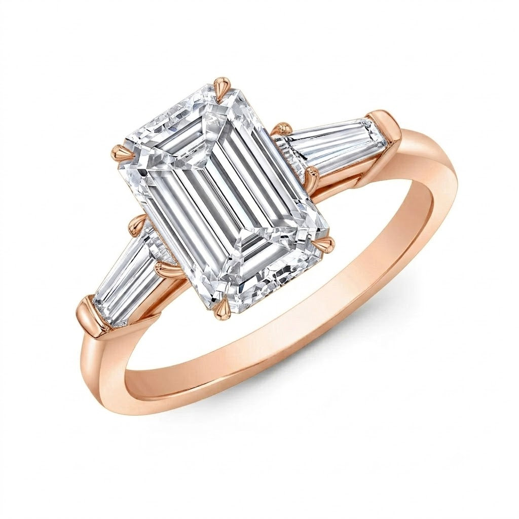 1.50 Ctw. Emerald Cut Three Stone Ring with Baguettes H Color VS1 GIA Certified