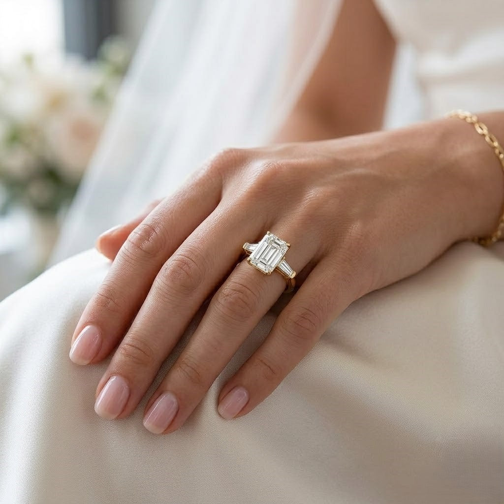 Model wearing three  stone emerald cut diamond ring with baguettes yellow gold