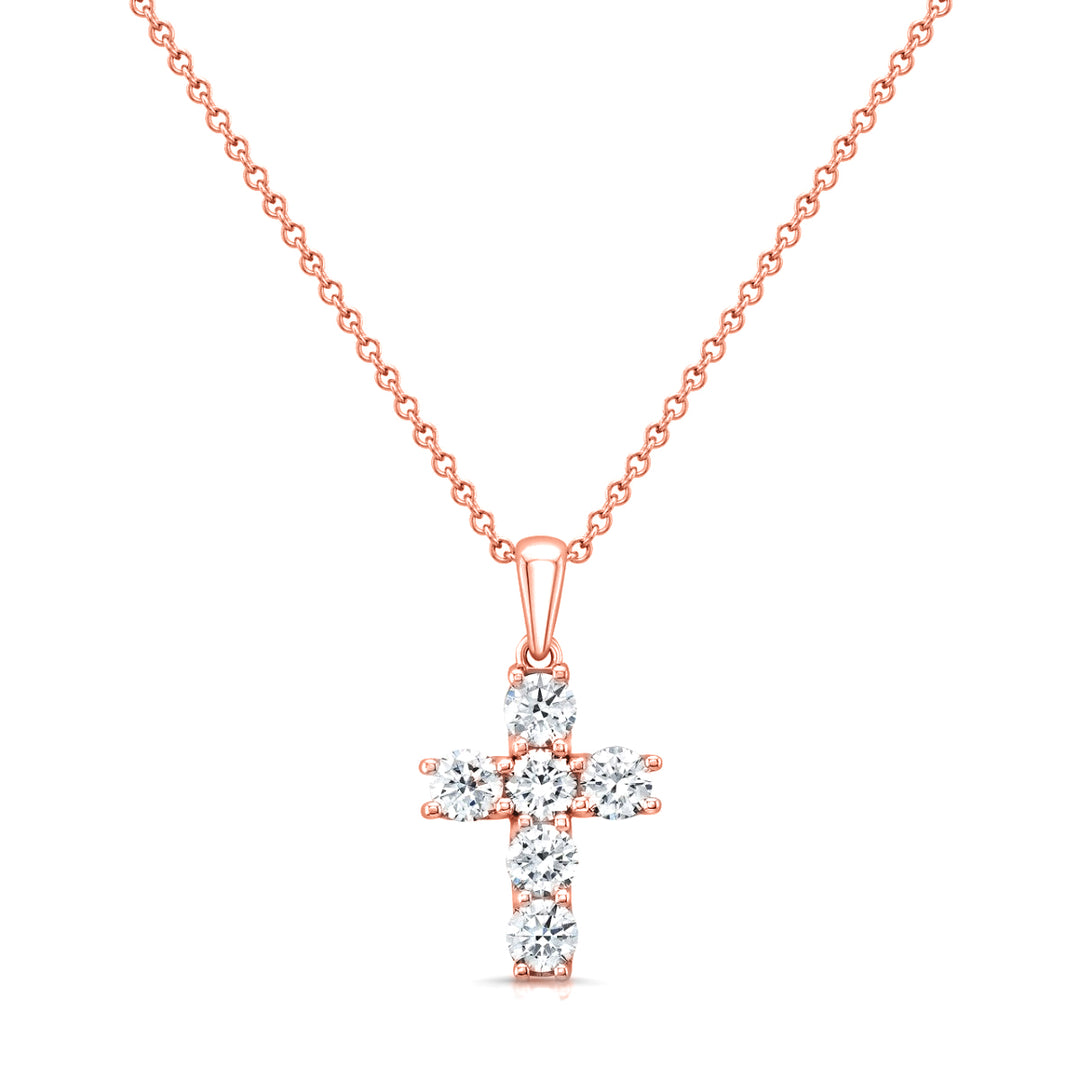 cross with 6 diamonds in rose gold with pave on the side - front view