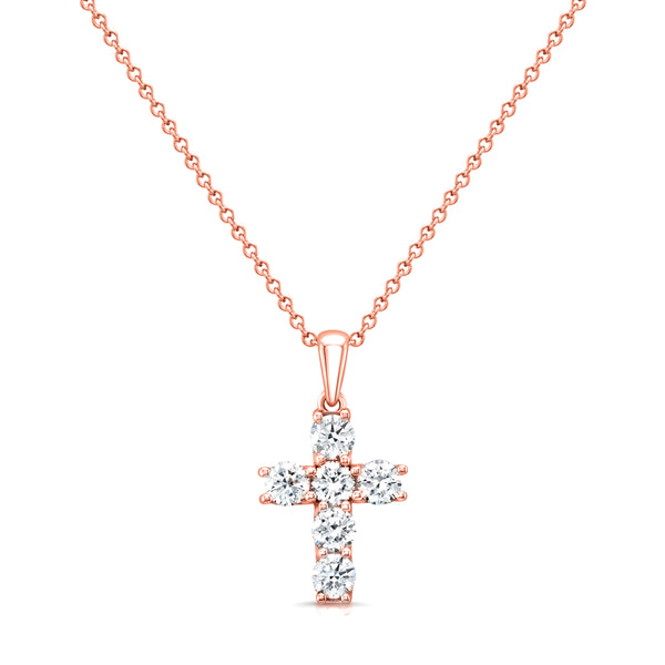 cross with 6 diamonds in rose gold with pave on the side - front view