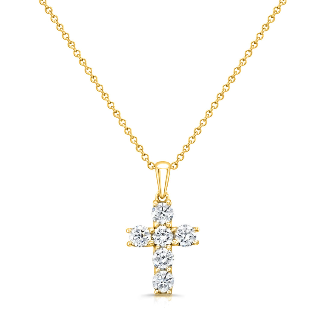 cross with 6 diamonds in yellow gold with pave on the side - front view