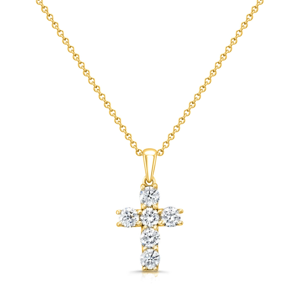 Cross with 6 diamonds in yellow gold with pave on the side   front view