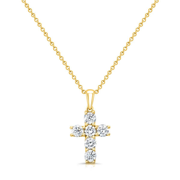 cross with 6 diamonds in yellow gold with pave on the side - front view