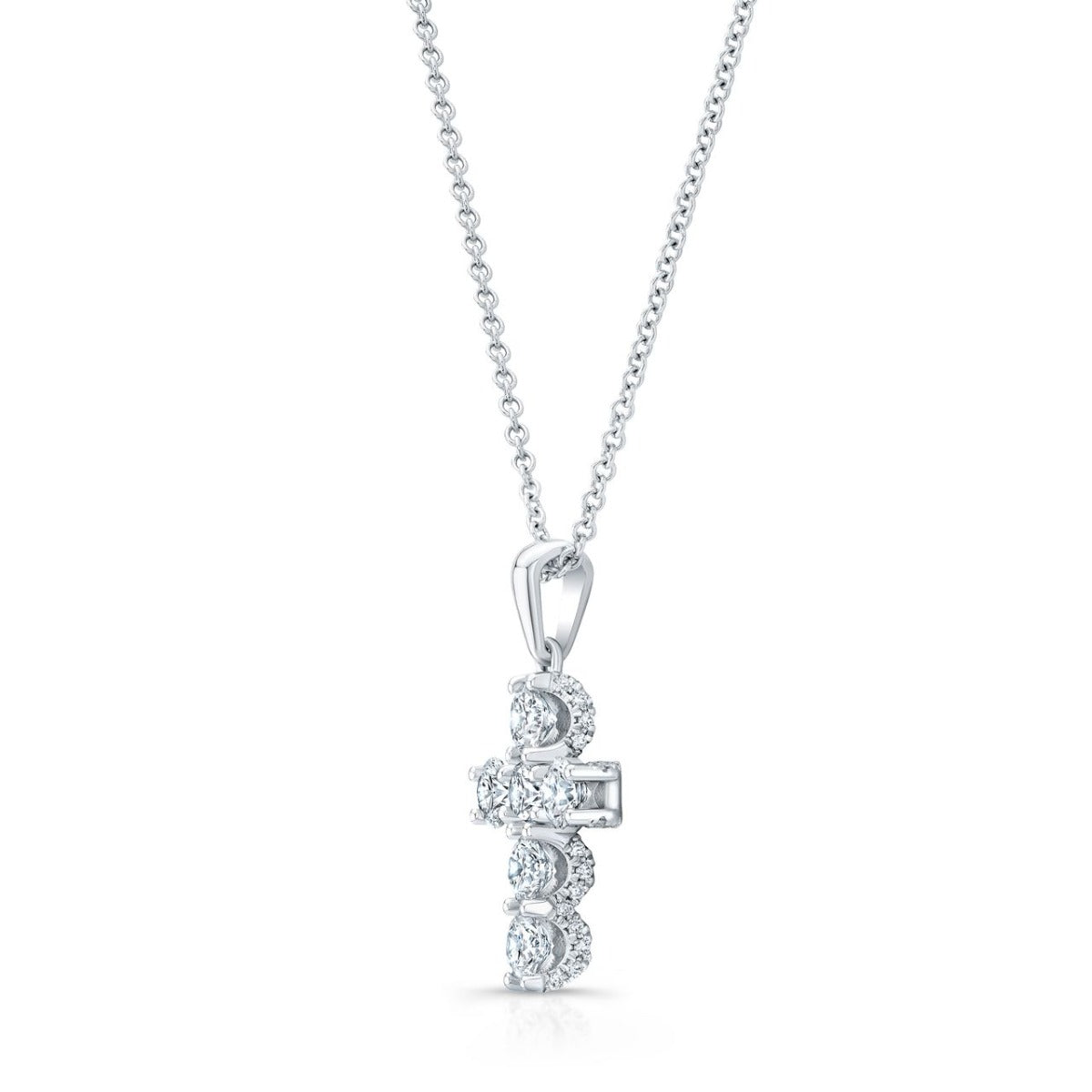 Cross with 6 diamonds in white gold with pave on the side   side view