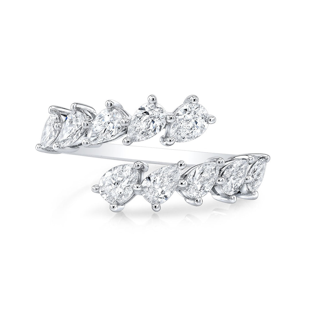 Pear Cut 10-Stone Diamond Bypass Ring in white gold top view