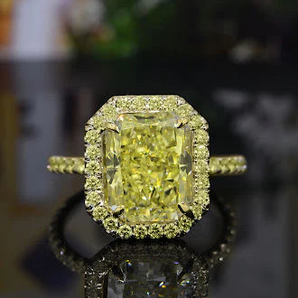 Lab Grown Yellow Radiant Cut Halo Yellow Pave Diamond Ring VVS2 IGI Certified