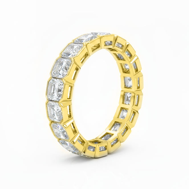 Half Bezel Set Eternity Band Asscher Cut (Square Emerald) in yellow gold side profile