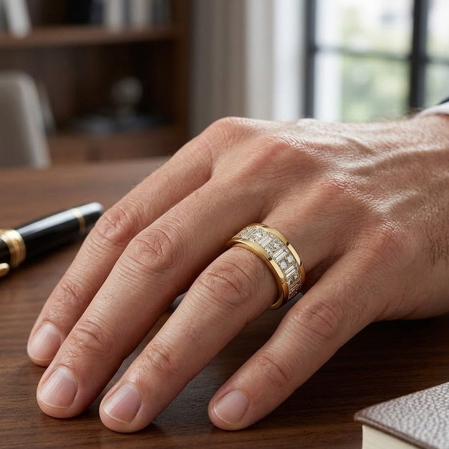 3.00 Ctw Alternating Baguette & Princess Cut Invisible Set Men's Band  7mm Width in yellow gold worn on man's hand