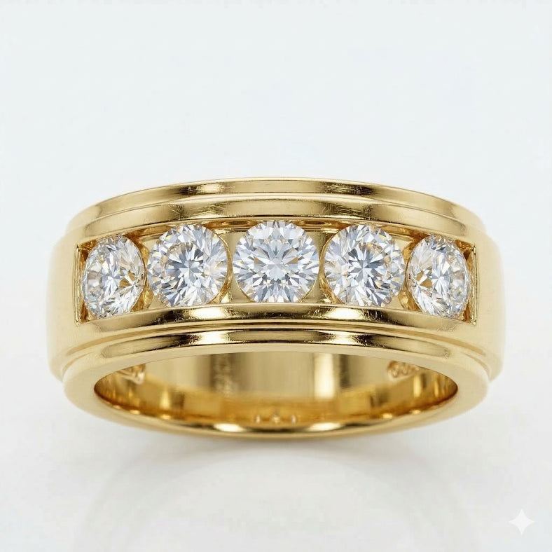 2.50 Ctw Men's 5-Stone Diamond Ring Channel Set F, VS1 All GIA 9mm Width