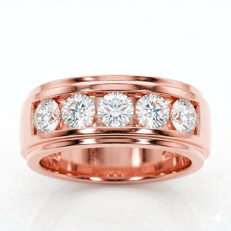 2.50 Ctw Men's 5-Stone Diamond Ring Channel Set F, VS1 All GIA 9mm Width