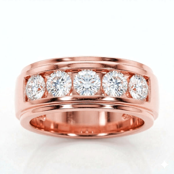 2.50 Ctw Men's 5-Stone Diamond Ring Channel Set F, VS1 All GIA 9mm Width