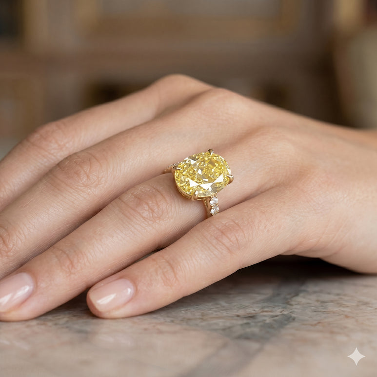 Lab Grown Oval Yellow Diamond Hidden Halo Pave Ring VVS2 IGI Certified
