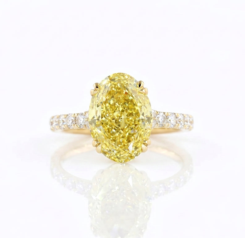 Lab Grown Oval Yellow Diamond Hidden Halo Pave Ring VVS2 IGI Certified