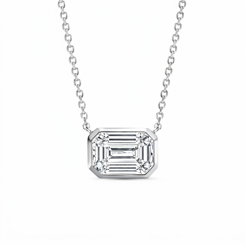 Diamond Bezel Emerald Cut East-West Pendant Necklace in white gold Front view