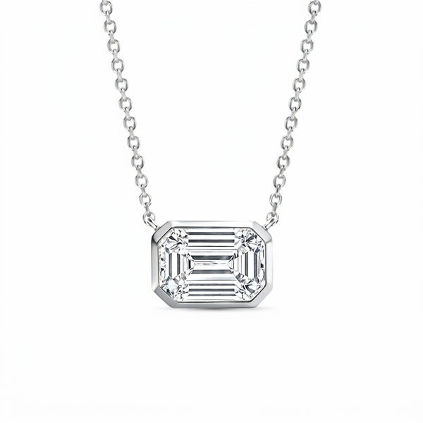 Diamond Bezel Emerald Cut East-West Pendant Necklace in white gold Front view