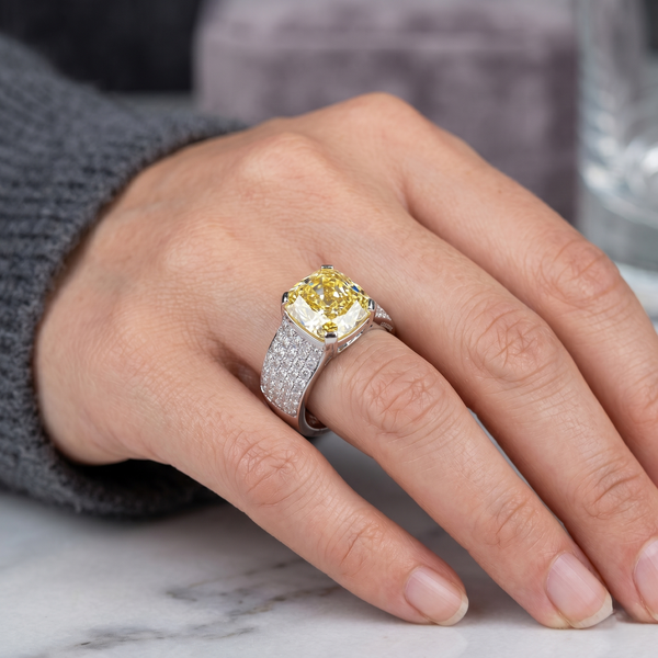 Hand Wearing Cushion Fancy Yellow Wide Shank Pave Ring