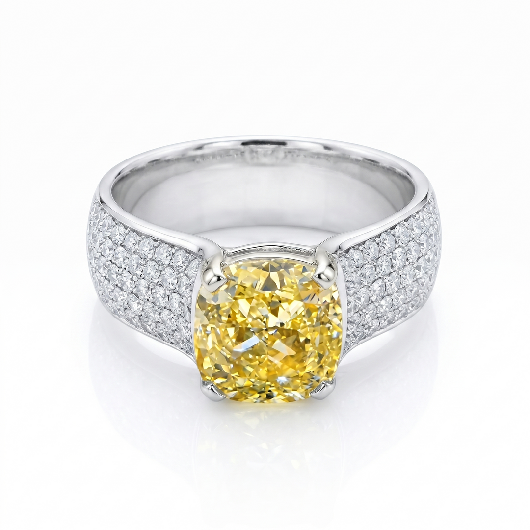 5.20 Ctw Cushion Canary Fancy Yellow Wide Shank Pave Ring VS1 GIA Certified