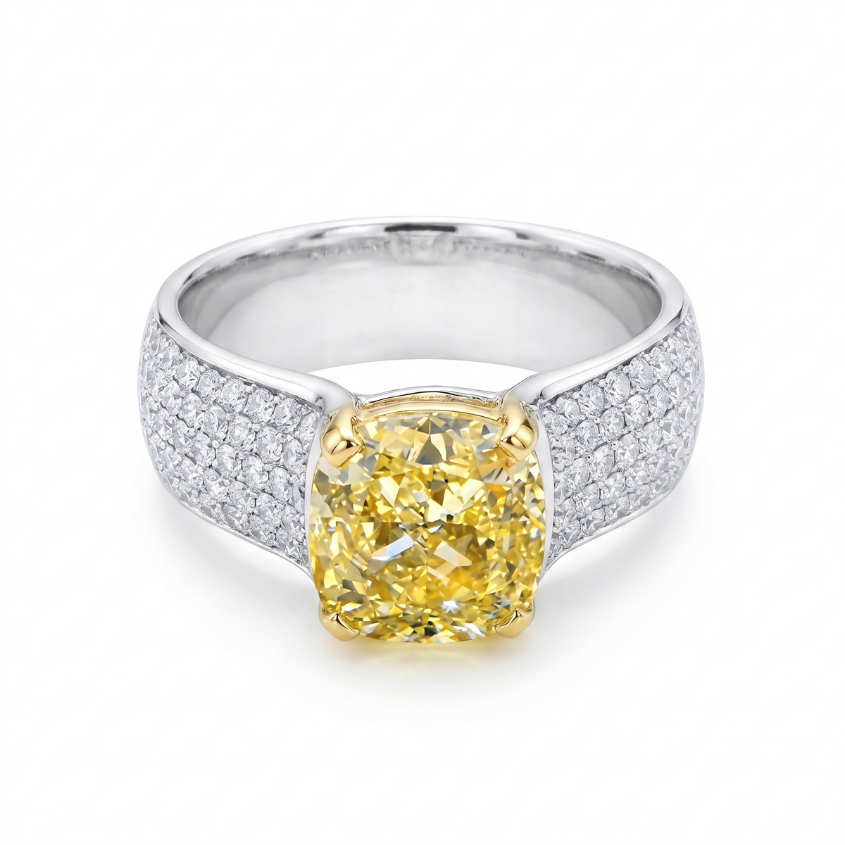 Cushion fancy yellow wide shank pave ring
