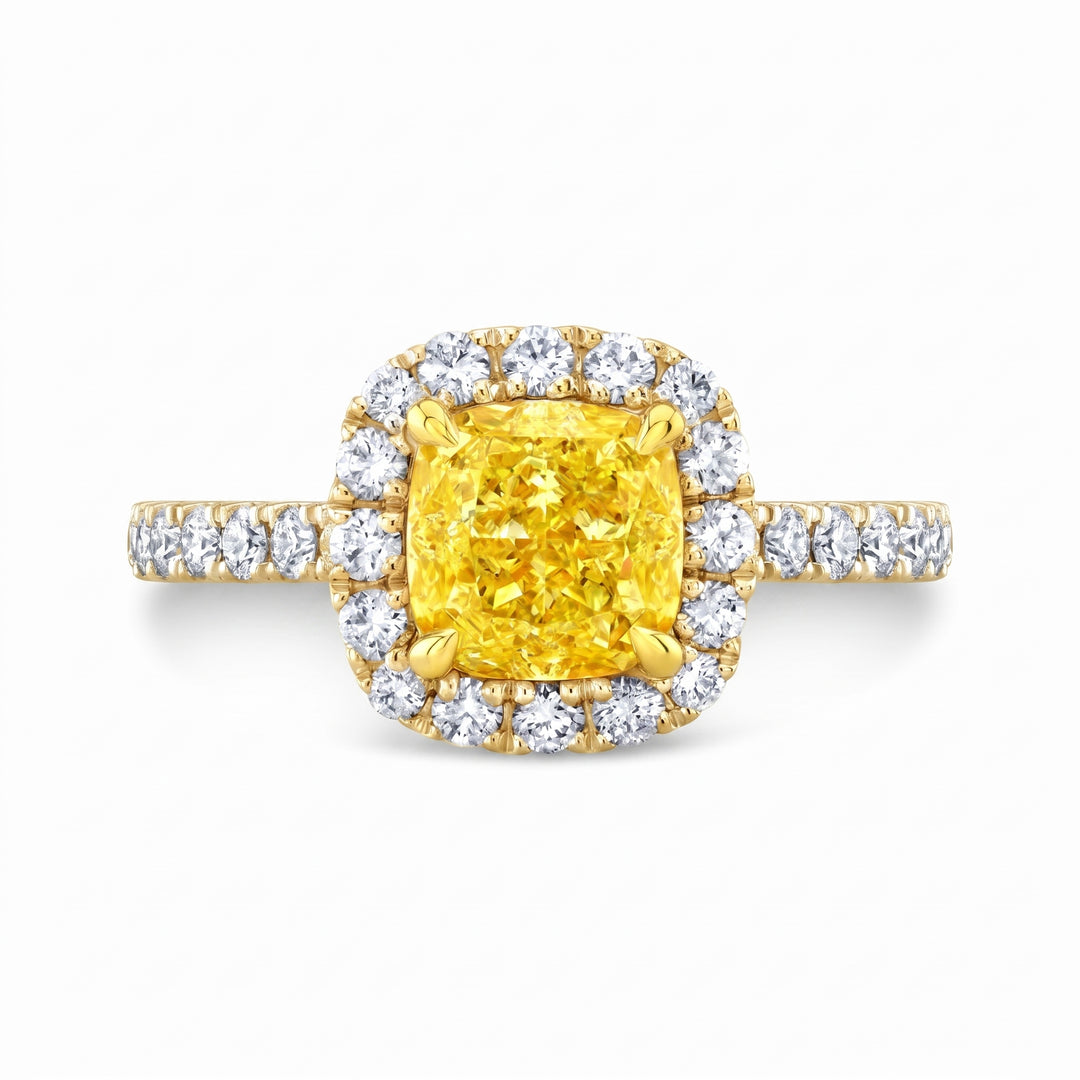 3.20 Ctw Halo Canary Fancy Light Yellow Cushion Pave Ring VS1 GIA