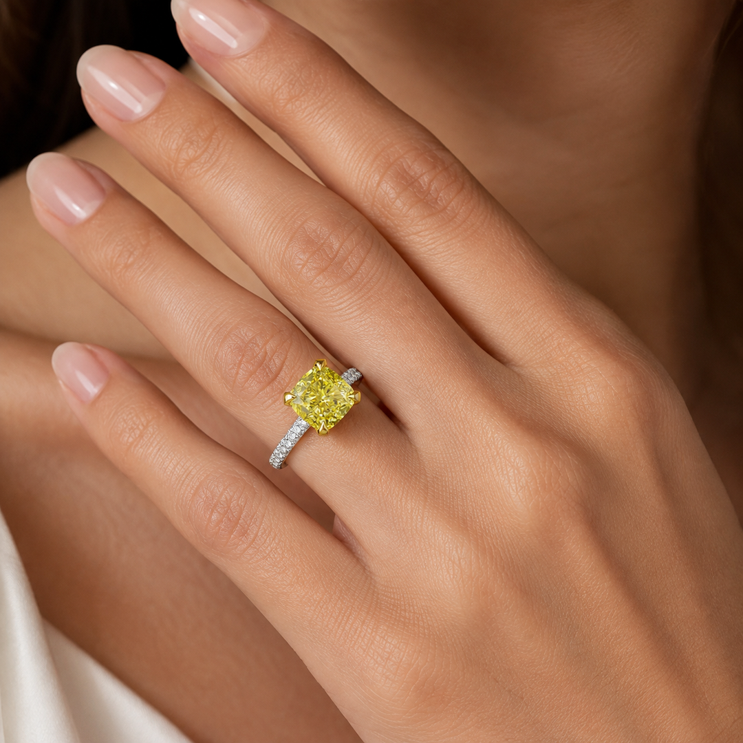 3.40 Ctw Canary Fancy Light Yellow Cushion Cut 3 Row Pave Ring VS1 GIA Certified