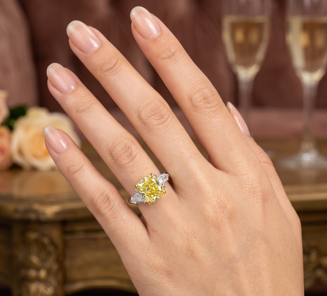 2.30 Ct. Canary Fancy Yellow Cushion & Bullet Cut 3 Stone Diamond Ring SI1 GIA Certified