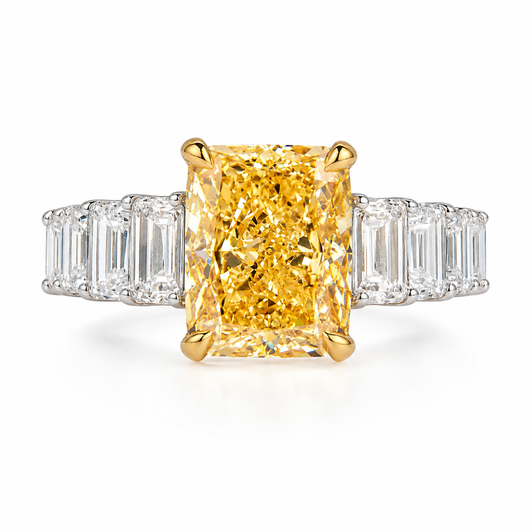 5.60 Ctw Fancy Intense Yellow Elongated Cushion Cut with Emerald Diamond Ring VS1 GIA
