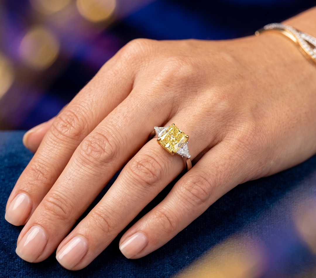 4.20 Ct. Elongated Radiant Fancy Light Yellow & Trillions 3 Stone Ring VS1 GIA Certified