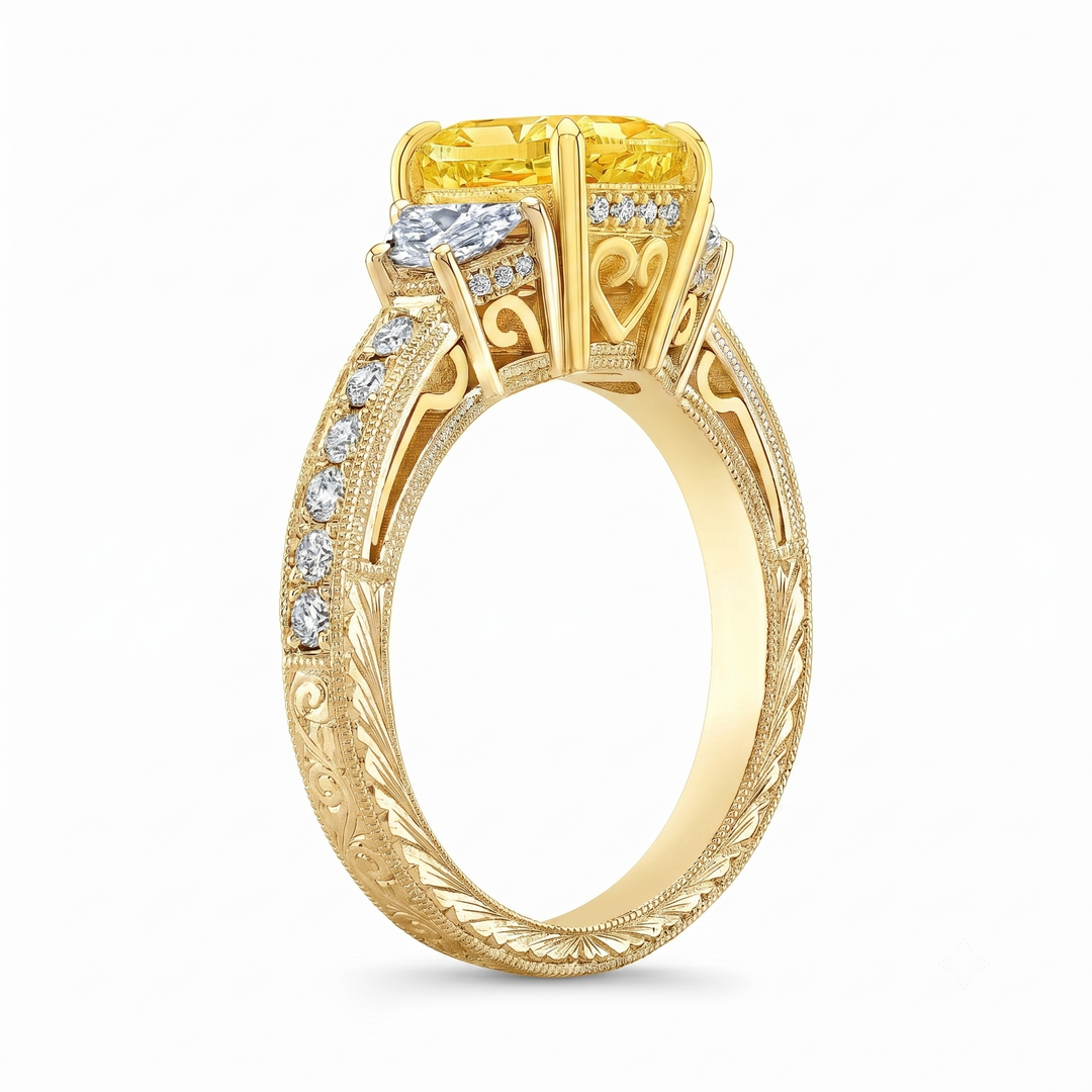 2.90 Ctw Canary Fancy Light Yellow Cushion & Half Moon Art Deco Diamond Ring VVS1 GIA